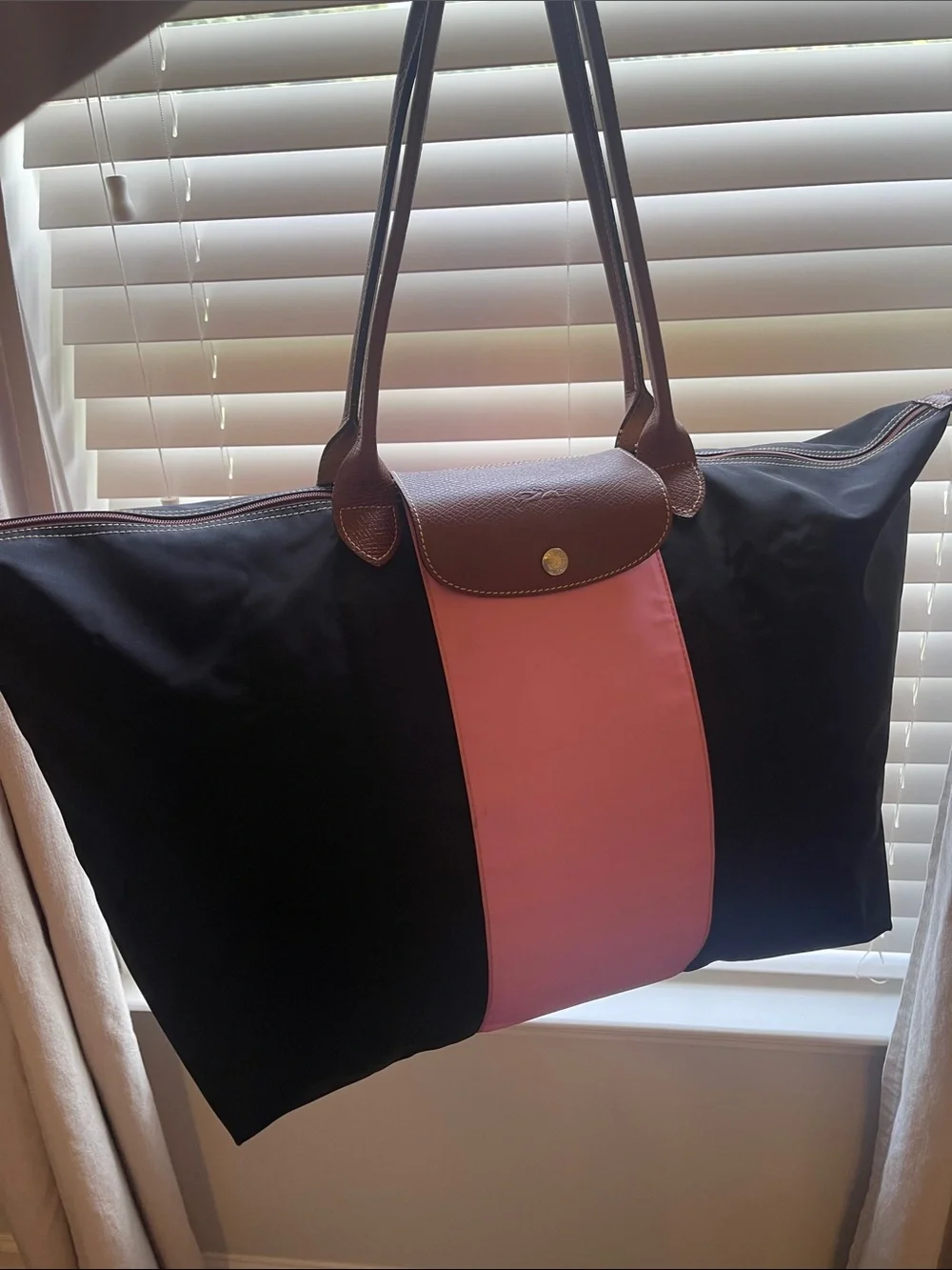 Longchamp Nylon Tote in Black with Pink Center Stripe and Brown Leather Strap